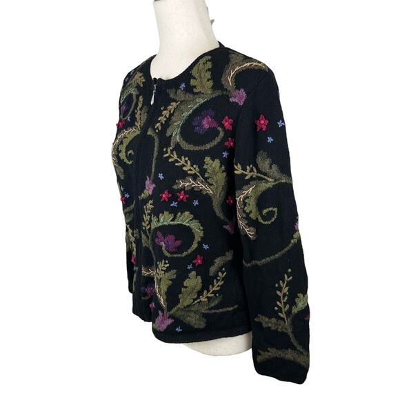 Talbots Sweater Size Small Black Floral Embroidery Grandma Artsy Full Zip - Picture 3 of 14